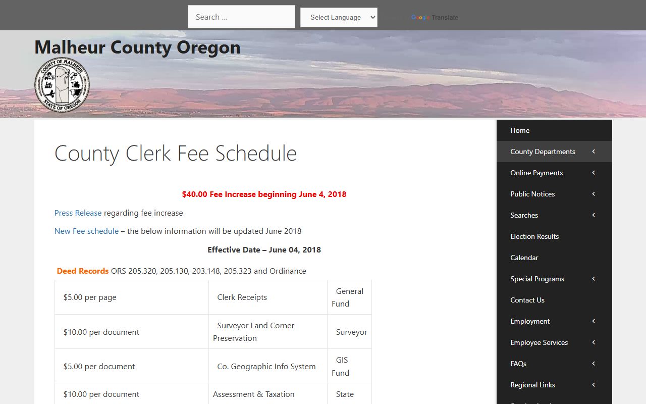 Malheur County Clerk fee schedule for record searches and copies