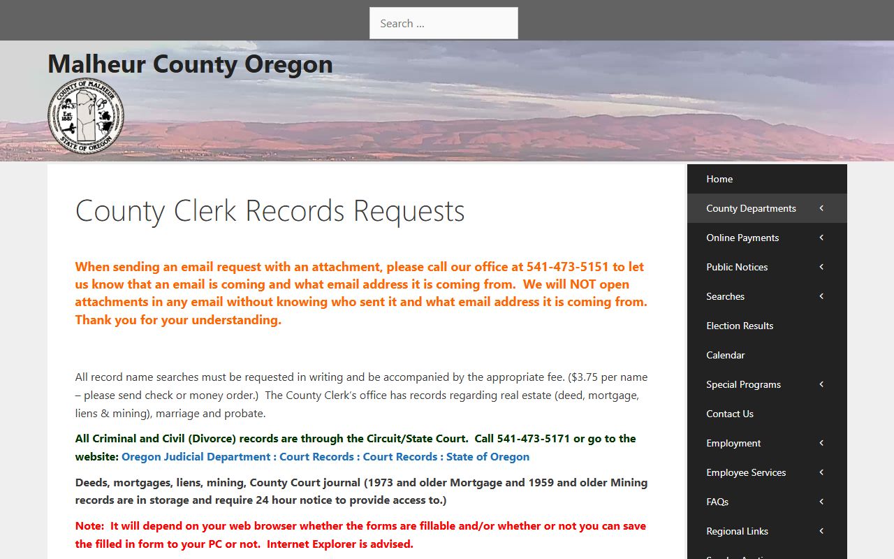 Malheur County Clerk records request page for county records