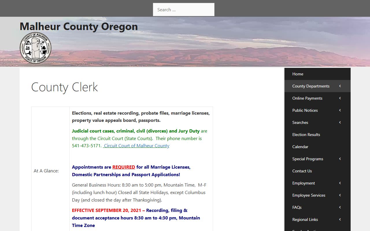 Malheur County Clerk page for records outside Circuit Court