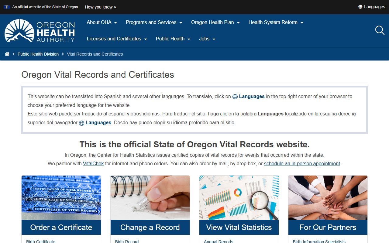 Oregon Vital Records homepage for Malheur County certificates