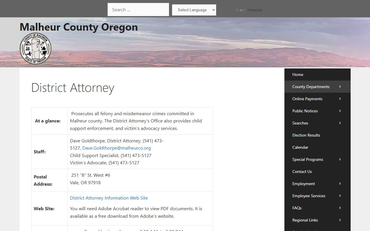 Malheur County criminal court records District Attorney office