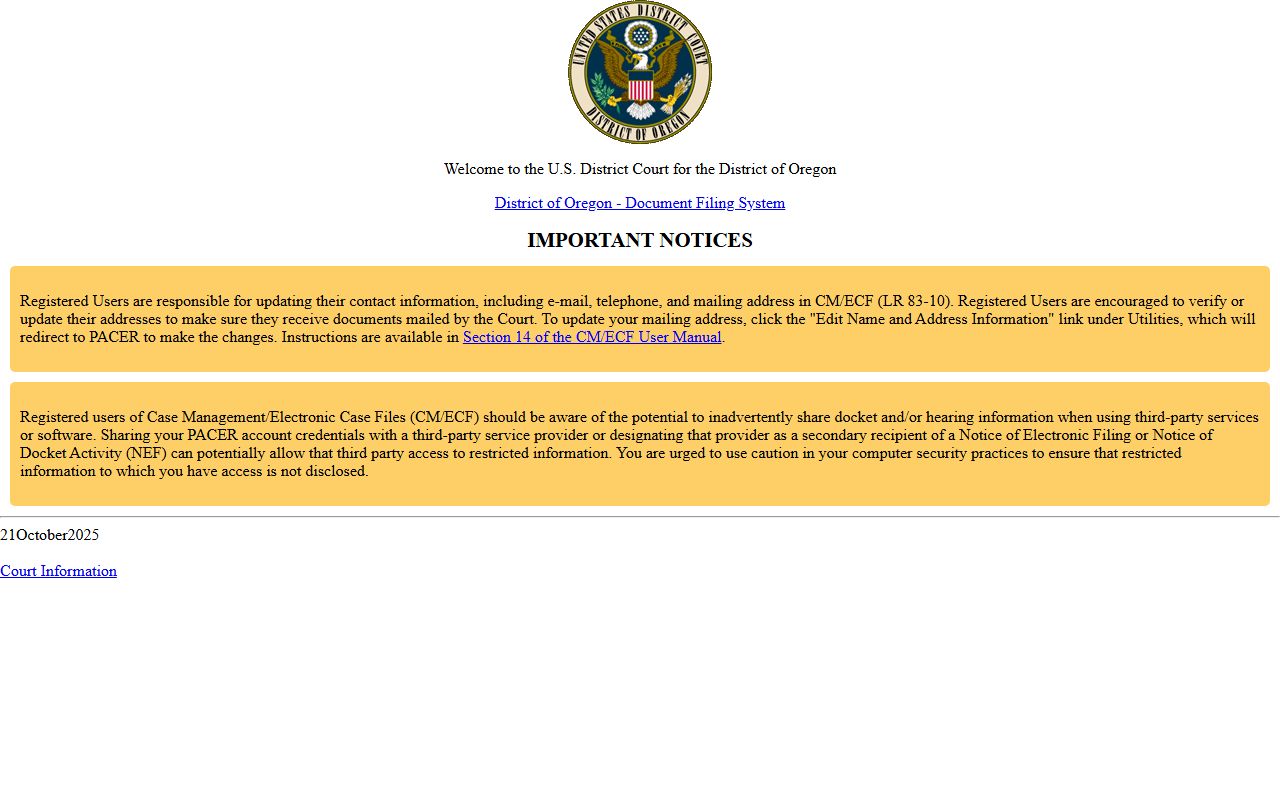 District of Oregon CM ECF federal docket system for Malheur County cases