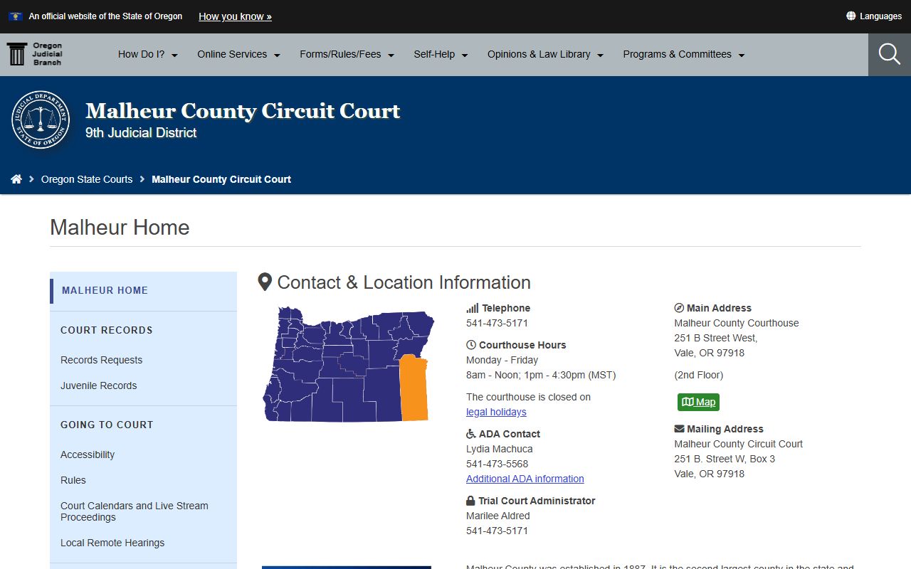 Malheur County court records Circuit Court page