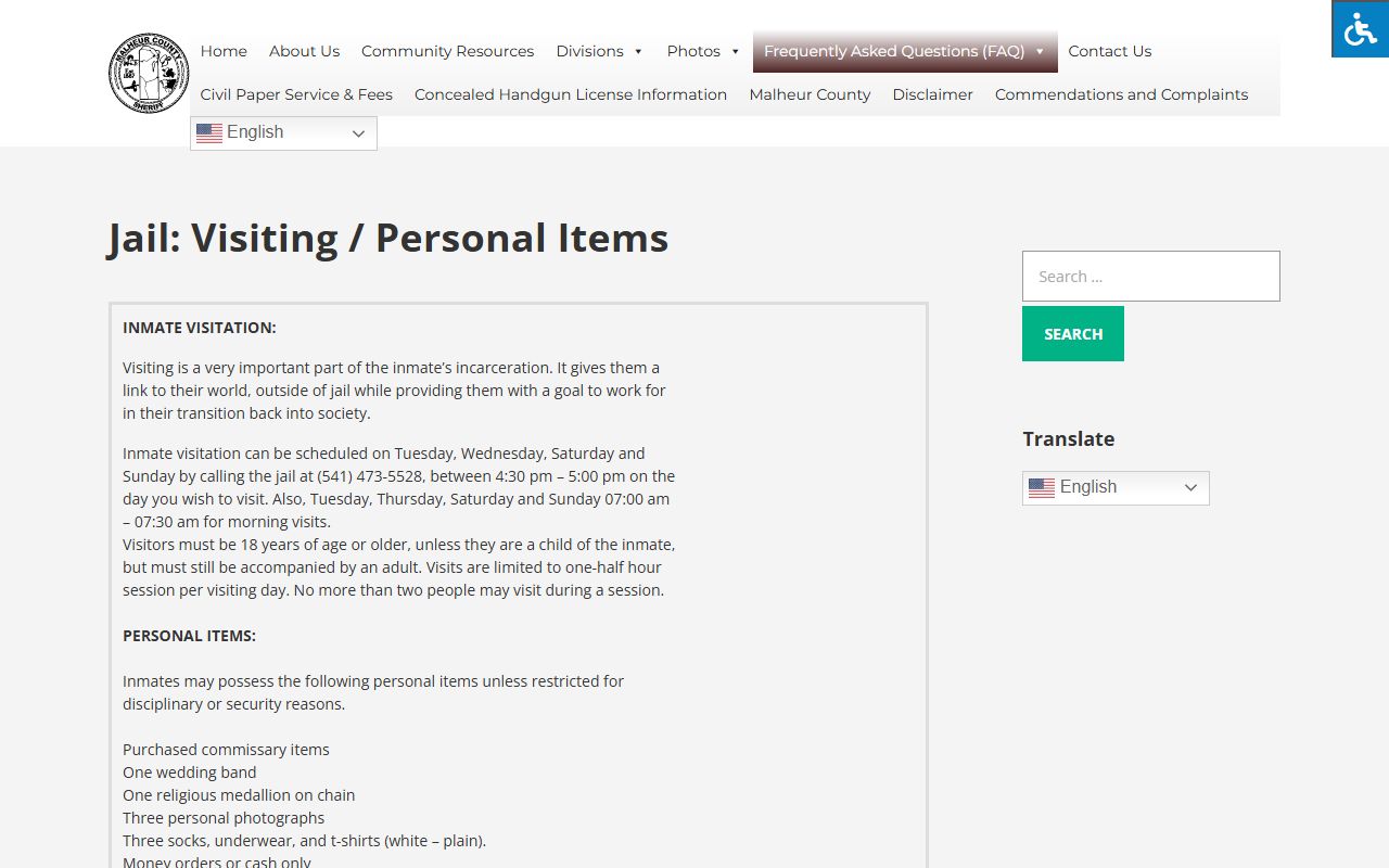 Malheur County inmate visitation and jail personal item rules