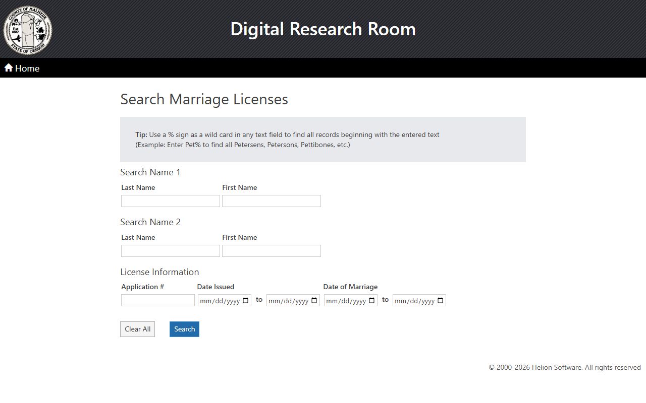 Malheur County marriage records search interface