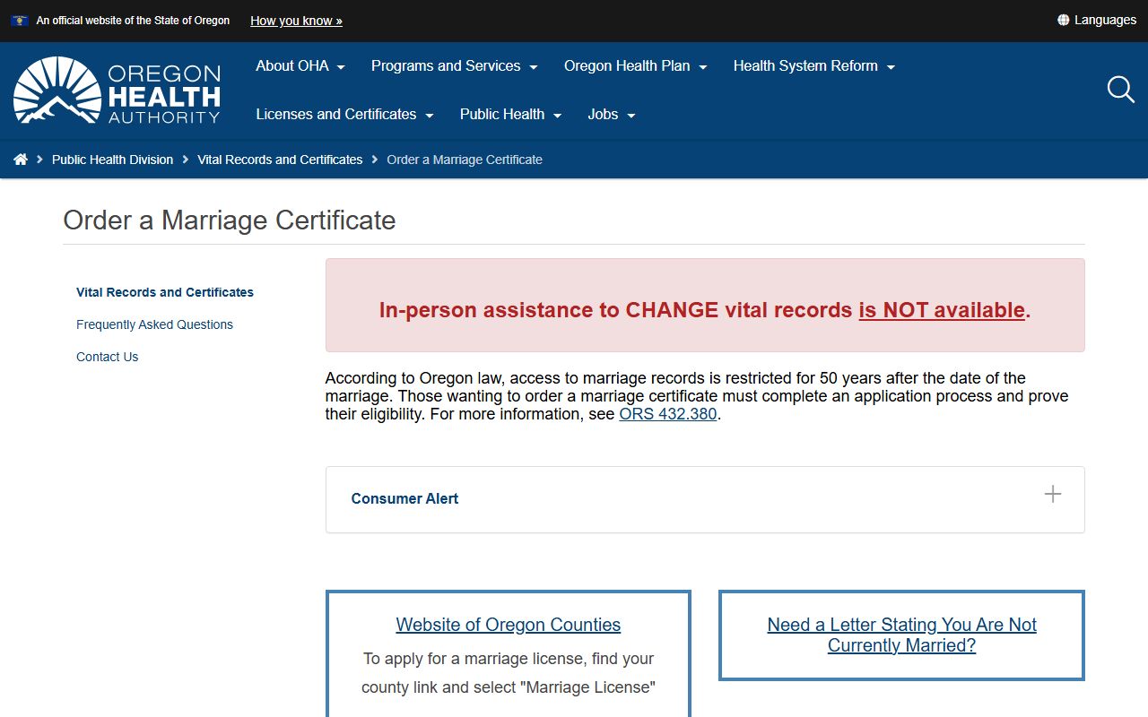 Oregon vital records ordering page for Malheur County marriage records