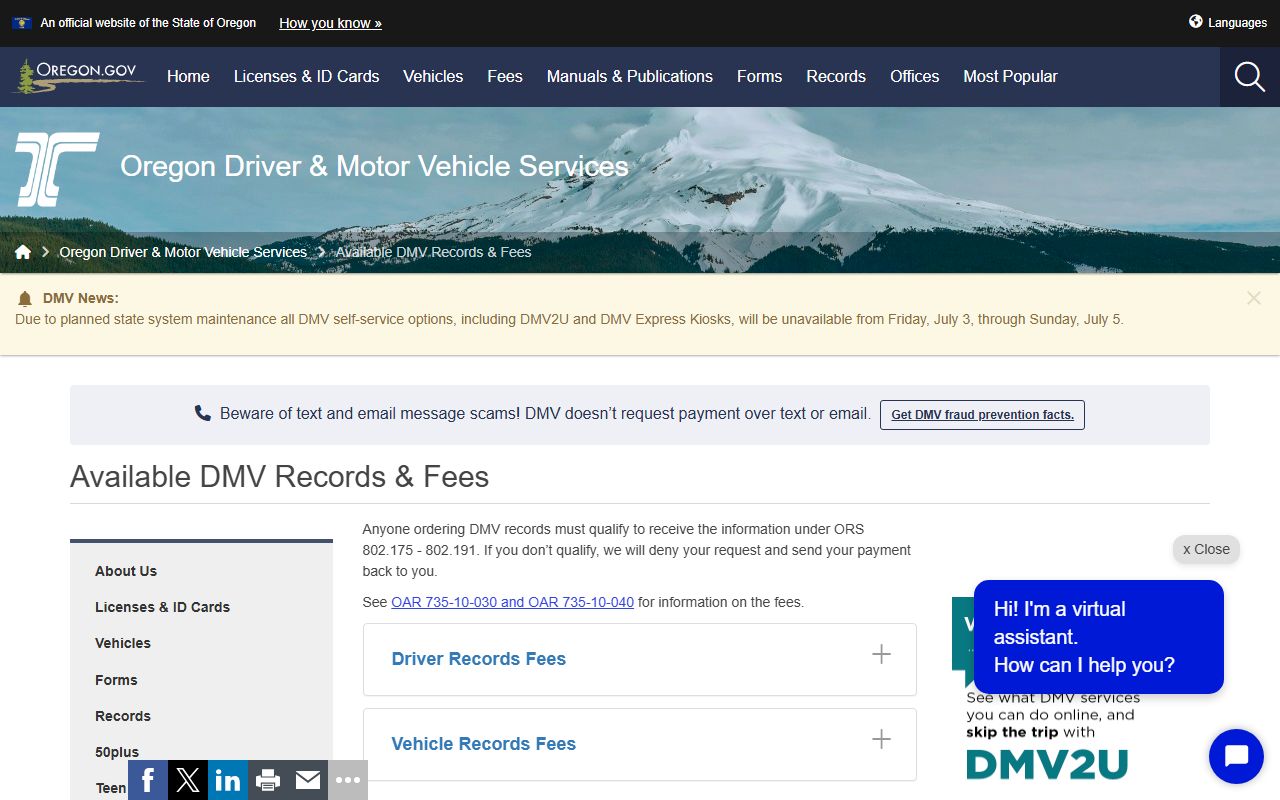Malheur County traffic records and Oregon DMV driver record fees