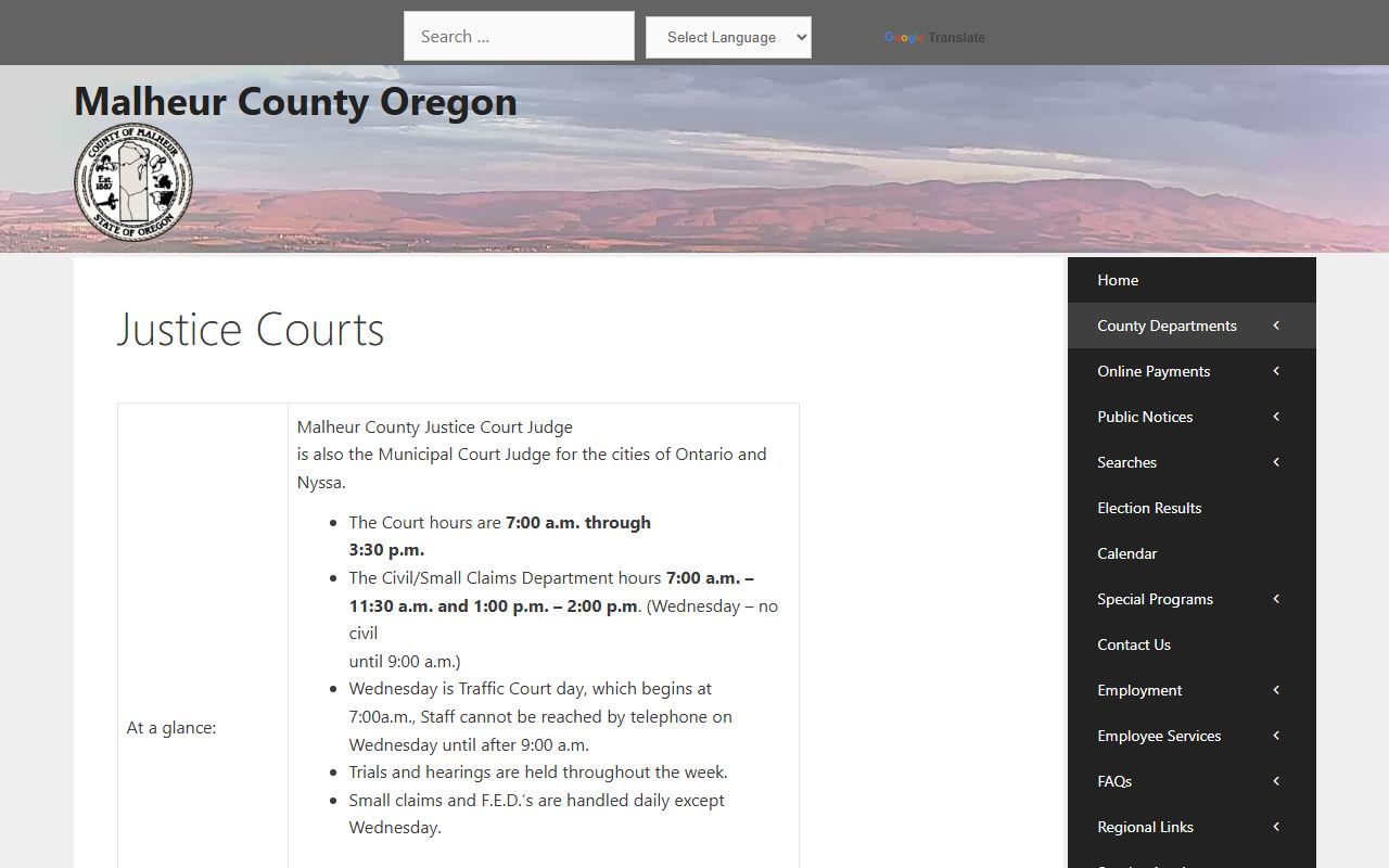 Malheur County warrant records and Justice Court traffic information